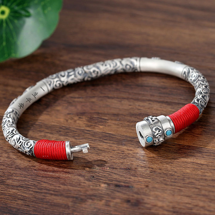 new-auspicious-cloud-six-character-mantra-silver-bracelet-female-vajra-red-string-bracelet-adjustable-opening-for-mens-jewelry