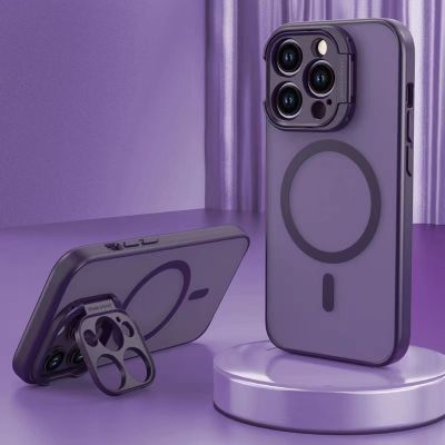 ☾♈♝  【Foldable Camera Protection/Matte Acrylic hard case/Purple color 】เคส compatible for iPhone 14 pro 13 pro max case