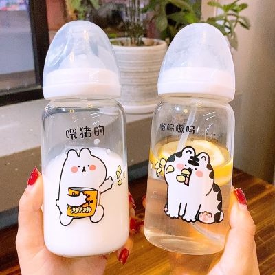 Cute Cartoon Glass Water Bottle With Straw Creative Pacifier Bottle For Girl Adult Children Milk Glass Cup Baby Feeding Bottles - Water Bottles - AliExpress