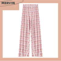 [MERVIN]?[HOT SALE]?? กางเกงขาบานเอวสูงผู้หญิงลายดอกไม้สีชมพูกางเกงลำลองขายาว