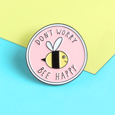 【CW】 NEW Pink Round Insect Brooches DON  39;T WORRY BEE Enamel Pins BroochFor Kids Lapel Pin Shirt Badge Broche