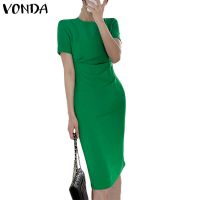 Vonda ชุดเดรส คอกลม แขนสั้น จับจีบ สีพื้น สไตล์เกาหลี สําหรับผู้หญิง ปาร์ตี้