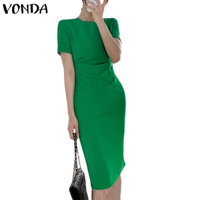 Vonda ชุดเดรส คอกลม แขนสั้น จับจีบ สีพื้น สไตล์เกาหลี สําหรับผู้หญิง ปาร์ตี้