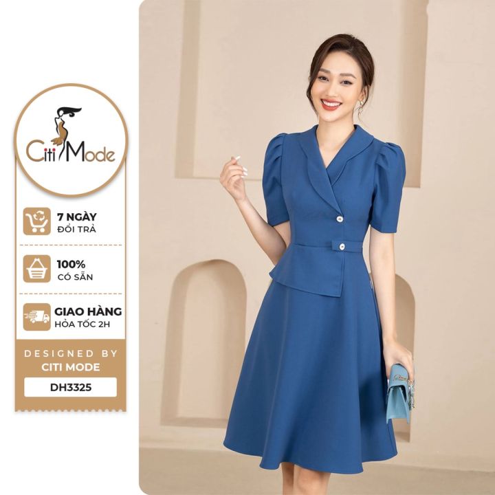 Đầm công sở CITI MODE FASHION dáng xòe thiết kế tay ngắn cổ ve ...