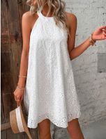 สตรีฤดูร้อนดอกไม้ลูกไม้ Boho Beach Mini Dress รอบคอ Halter แขนกุด R เซ็กซี่ Cutout ALine Tank Dress สไตล์ลำลอง