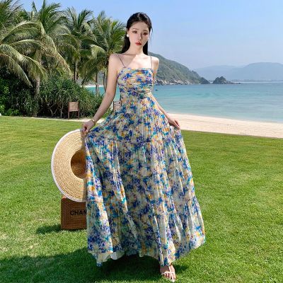 Tea of French senior feeling atmosphere quality and the beautiful long skirt royal elder sister tender broken beautiful condole belt womens summer dress