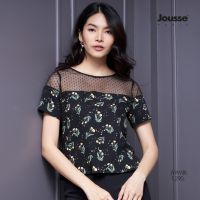 ลดพิเศษ 50% ( พร้อมส่ง )Jousse เสื้อพิมพ์ลายดอกไม้ คอกลมแขนสั้น แต่งลูกไม้ลายจุด (JWIMBL)