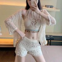 Summer Must-Have Swimwear [Can Be Bathed In Water Hot Springs &amp; Free Size 40-60KG Can Wear Chest Pads] Spring Vacation Embroidery Hollow Beach Style Swimsuit y Conservative Two-Piece Slimmer Look Halter Blouse 3-Piece Set Knitted Excellent