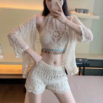 Summer Must-Have Swimwear [Can Be Bathed In Water Hot Springs &amp; Free Size 40-60KG Can Wear Chest Pads] Spring Vacation Embroidery Hollow Beach Style Swimsuit y Conservative Two-Piece Slimmer Look Halter Blouse 3-Piece Set Knitted Excellent