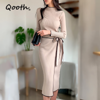 Qooth Sweater Dress 2022 Spring Autumn Ladies Temperament Slim Lace-up Womens Korean Knitted Skirt Elegant Office Lady QT1489