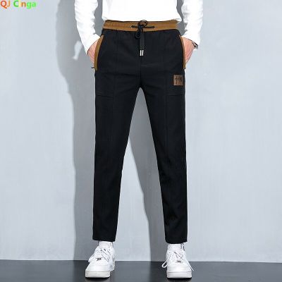 Black and Khaki Splicing Pants Mens Drawstring Lace-up Pants Fashion Casual Trousers Gray Large Size Slacks 28-34 36 38 40