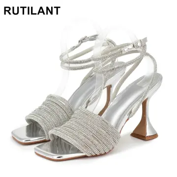 Silver Rhinestone Slingback Heels Sandals Stiletto Heels Prom Shoes|FSJshoes