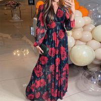 Chiffon Rose Print V-Neck Long Sleeve Dress Waist Closing With Lining Dress For Women 2023 Sp Fashion Elegant Party Dresses