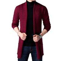 Men Long Style Wool Sweater X-Long Knit Sweater Jackets Solid Color Sweatercoat Men 39;s Knit Cardigan