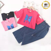 Little Honey ชุดเด็ก พร้อมส่ง ( 6-10 ขวบ) เสื้อผ้าเด็ก แขนสั้น + ยีนส์ ผ้ายืดนุ่ม ใส่สบาย ลายตัวอักษร สูทเด็กผู้หญิง