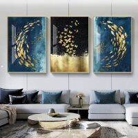 Luyameishop Ultra Modern Abstract Gold Fish Symmetry Blue Backg ภาพวาดโปสเตอร์พิมพ์ภาพผนังศิลปะสำนักงานห้องนั่งเล่นตกแต่งบ้าน