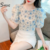 SNUG เสื้อผู้หญิงเสื้อชีฟองลายดอกไม้แขนสั้นฟองฝรั่งเศส2023ใหม่ฤดูร้อนหลวมบางและสูงเสื้อเชิ้ตตัวเล็กหวาน