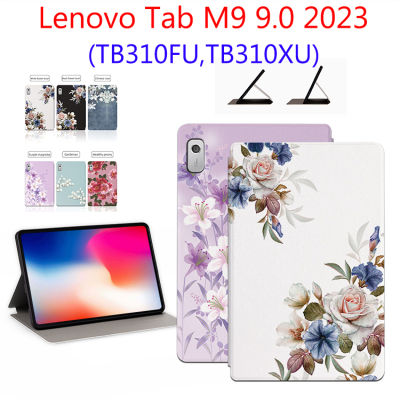 สำหรับแท็บเลโนโว M9 9.0 2023 TB310FU TB310XU แฟชั่นฝาครอบป้องกันแท็บเล็ตแฟชั่น Lenovo Tab 9 9.0นิ้วที่คลุมพับฝาเป็นฐานลายดอกไม้แฟชั่น