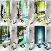 【CW】▽☾♝  Landscape Shower Curtain Set Creek Stone Fabric Polyester Toilet Lid Cover Hooks