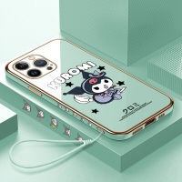 เคสสำหรับ Apple โทรศัพท์ iPhone 15 Plus 15 Pro Max ฟรีสายคล้องลายการ์ตูน Kuromi น่ารักของเด็กผู้หญิงเคสเคสโทรศัพท์ชุบเคสโทรศัพท์นิ่มแบบหรูหรา