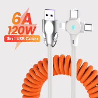 120W 6A 3in1 Cepat Mengecas Mikro USB Jenis-C Spring Mengecas Kabel Sesuai untuk Samsung Xiaomi 14 13 Kabel