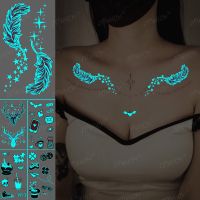 Blue Luminous Tattoo Sticker Luminous Star Feather Waterproof Sexy Temporary Tattoo Body Art Chest Fake Tattoo For Men Women Stickers