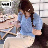 Weishiblux ฤดูร้อนแขนสั้นเสื้อคอวีสำหรับผู้หญิงสไตล์กลิ่นหอมขนาดเล็กเสื้อสตรีไหมพรมเสื้อธรรมดาบางกลวง