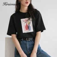 Hirsionsan ความงามพิมพ์ T เสื้อผู้หญิง2021ใหม่นุ่ม1005ผ้าฝ้ายสีดำฤดูร้อน Tops O-Neck ลำลองแขนสั้นหญิง Tees