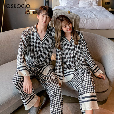 QSROCIO Silk Like Houndstooth Womens Pajamas Set Fashion Style Female Couple Sleepwear Home Clothes for Men Nightwear Pyjama