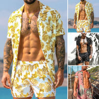 Men Thin &amp; Breathable Hawaiian Tropical Beach Outfits Sets Yellow Floral Printed Holiday Short Sleeve Two Pieces