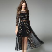 COD SDFGERTYTRRT [cutebutton] Girl Embroidery Floral Sexy Mesh See-through Dresses Women Elegant Casual Evening Fairy Party Dress