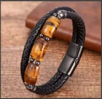 [COD] and double-layer tiger eye stone cowhide bracelet buckle stainless steel