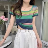 Spot parcel post Rainbow Stripes Square Collar Short Sleeve T T-shirt Womens Summer Thin Shoulder Slim-Fit Ice Silk Sweater Hot Girl Short Top