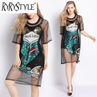 RYRYSTYLE เสื้อยืดผู้หญิงปักเลื่อมยาวปานกลางทรงหลวมเดรสทัศนียภาพเซ็กซี่แฟชั่นใหม่ไทย2022ฤดูร้อน