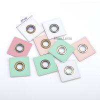 30pcs/lot 27mm square white/pink/mint PU leather sew on Badges patch labels inner 8mm metal brass eyelets grommets free ship