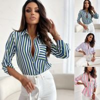 ™  Womens Elegant Top Blouse Stripe Printed Shirts 2023 Autumn Long Sleeve V-Neck Pocket Office Lady Long Sleeve Shirt S-XXL