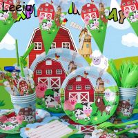 Farm Animal Themed Party Disposable Tableware Set Cups Plates Paper Towels Cake Flag Babys Birthday Decorations