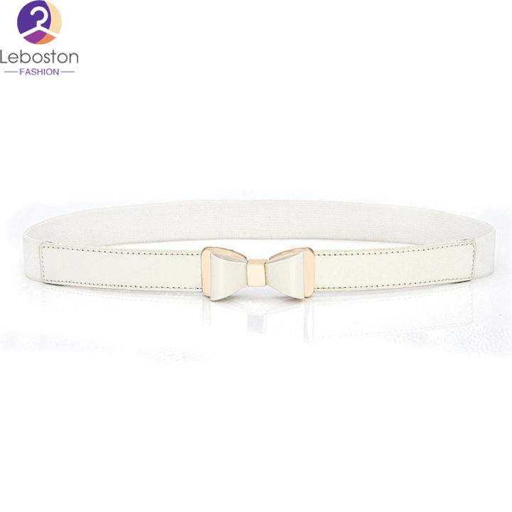 leboston-เข็มขัด-lady-simple-elastic-thin-waistband-bowknot-interlock-buckle-pu-leather-belt-cummerband
