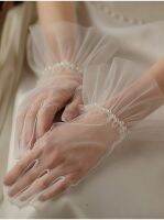 卐❒ Womens Fresh Tulle Bridal Gloves for Wedding Short Pearls White Gloves for Girl PartyPageant Accessories Ruffles перчатки белые