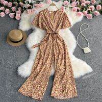 Light ripe wind jumpsuits tall waist summer with short sleeves han edition v-neck jumpsuit waist temperament backless printing wide-legged pants