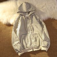 Zip Up Women Korean Style Hoodies For Girls Top Vintage stripe Long Sleeve Oversized Hooded Sweatshirt Jacket Casual Large Coats