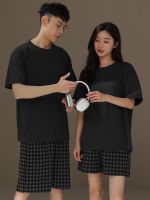 MUJI Couple pajamas mens and womens summer pure cotton round neck short-sleeved shorts high-end leisure plaid pants home service