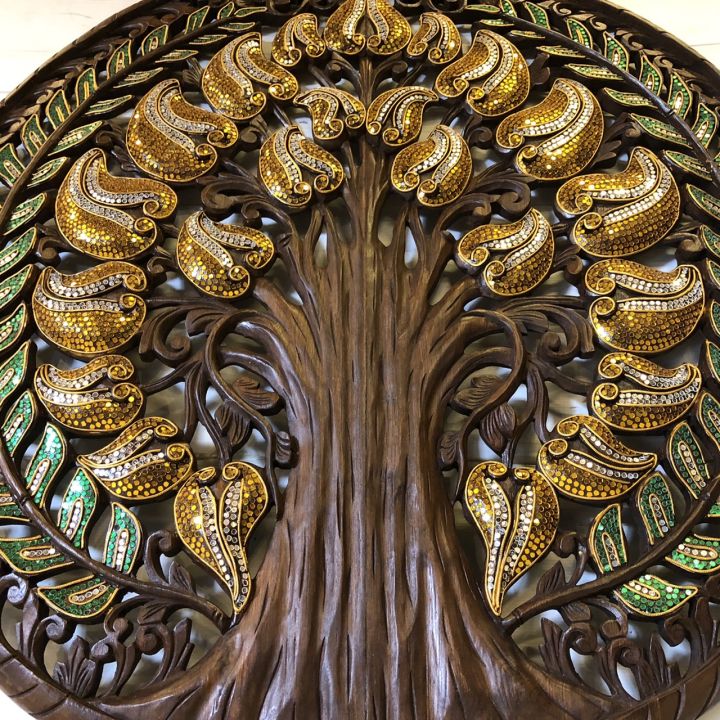 ต้นโพธิ์ไม้สักแกะสลัก-120-ซม-แผ่นใหญ่มาก-หนา-3-ซม-ไม้สักแกะสลัก-รับประกันการจัดส่ง-ติดกระจกสี-ฝีมือคนไทย-ละเอียด-handmade-teak-wooden-carved-bodhi-tree