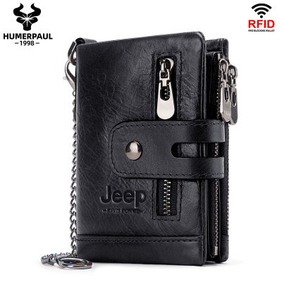 Rfid Genuine Cow Leather Wallet Men Coin Purse Small Mini Card Holder Chain PORTFOLIO Portomonee Male Walet Pocket Fashion Hasp