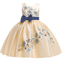 Girls embroidered applique fluffy dress 2021 new childrens bow Princess Dress banquet piano host performance evening dress