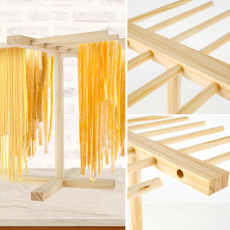 Collapsible Pasta Drying Rack Wooden Spaghetti Stand Dryer with 16 Suspension Rods Homemade Fresh Noodle Hanger Easy Storage and Quick Set-Up Hanging