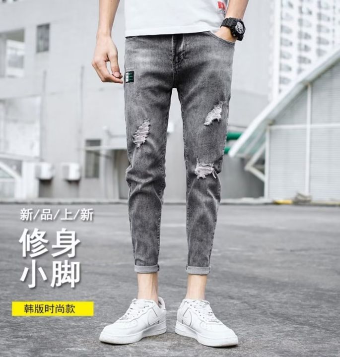 กางเกงยีนส์เกาหลี-ผ้ายืด-ไฮสตรีทแฟชั่น-ขาเดฟ-5-ส่วน