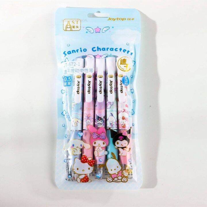 new-5pcs-sanrio-quick-dry-gel-pen-0-5mm-black-click-pen-student-stationery-melody-kuromi-pochacco-hello-kitty