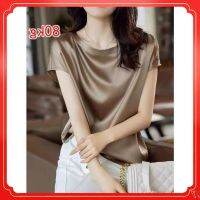 COD DSFDGDFFGHH 90kg Large Size Short-Sleeved Simulation Silk Satin T-Shirt Womens One-Shoulder