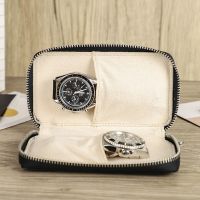﹊ CONTACTS FAMILY 2 Slot Watch Case Genuine Leather Pouch with Zipper 4 Colors Luxury Portable Organizer Bag Holds 2 Watch